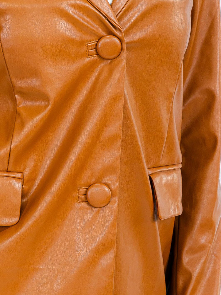 WOMEN'S LONG SLEEVE BUTTON CLOSURE POCKETS PU PLEATHER BLAZER