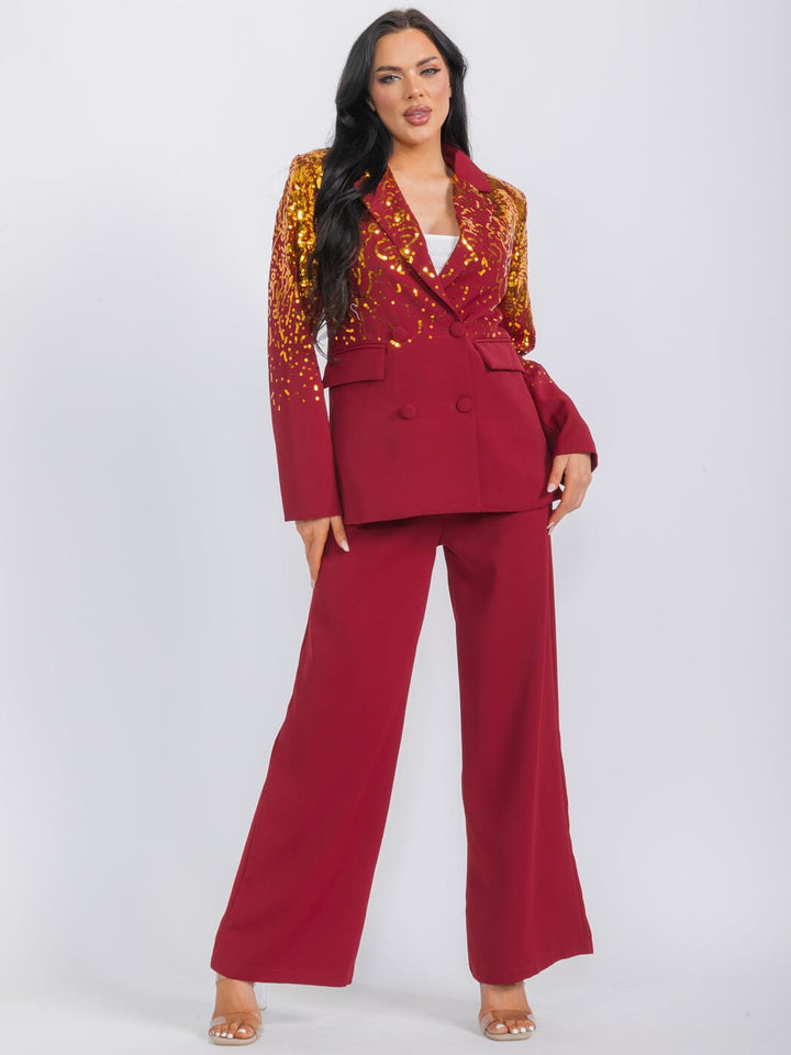 WOMEN'S LONG SLEEVE BLAZER & WIDE LEG PANTS SEQUINS 2PC. SET