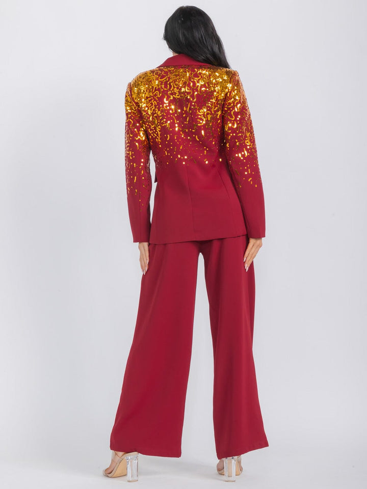 WOMEN'S LONG SLEEVE BLAZER & WIDE LEG PANTS SEQUINS 2PC. SET