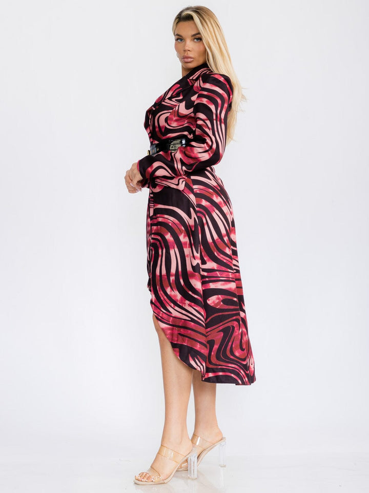 WOMEN'S LONG SLEEVE BUTTON UP BELTED HIGH-LOW ANIMAL PRINT MIDI DRESS