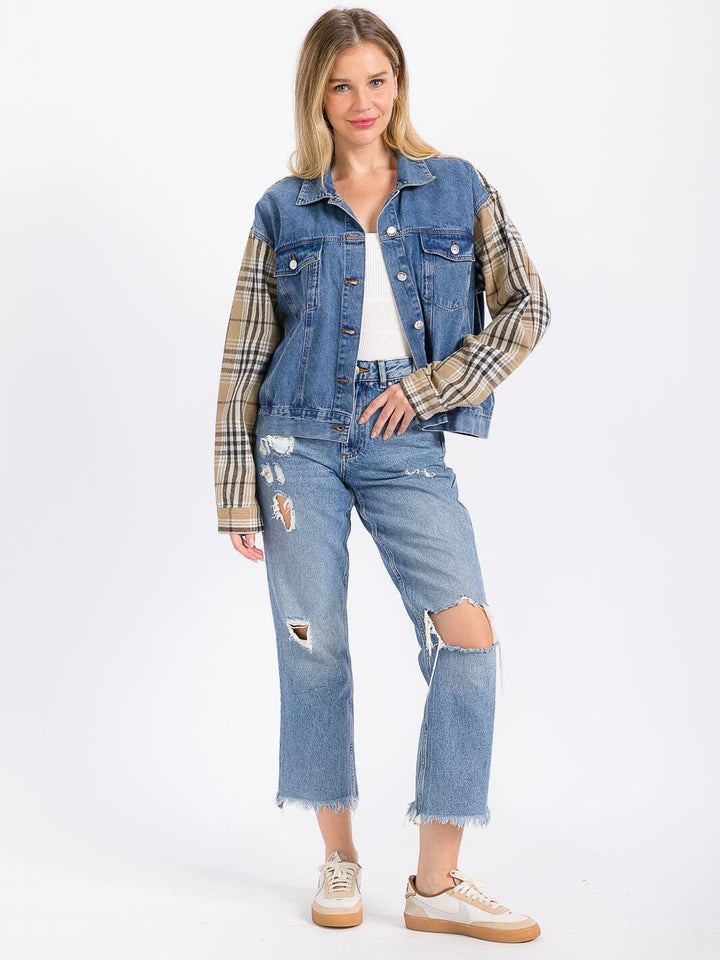 WOMEN'S LONG SLEEVE BUTTON CLOSURE FRONT POCKETS PLAID CONTRAST DENIM JACKET