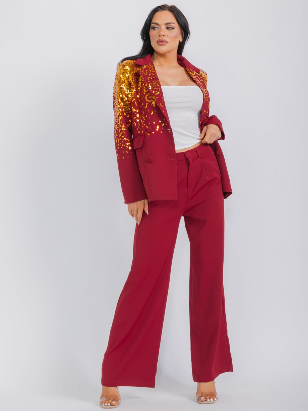 WOMEN'S LONG SLEEVE BLAZER & WIDE LEG PANTS SEQUINS 2PC. SET