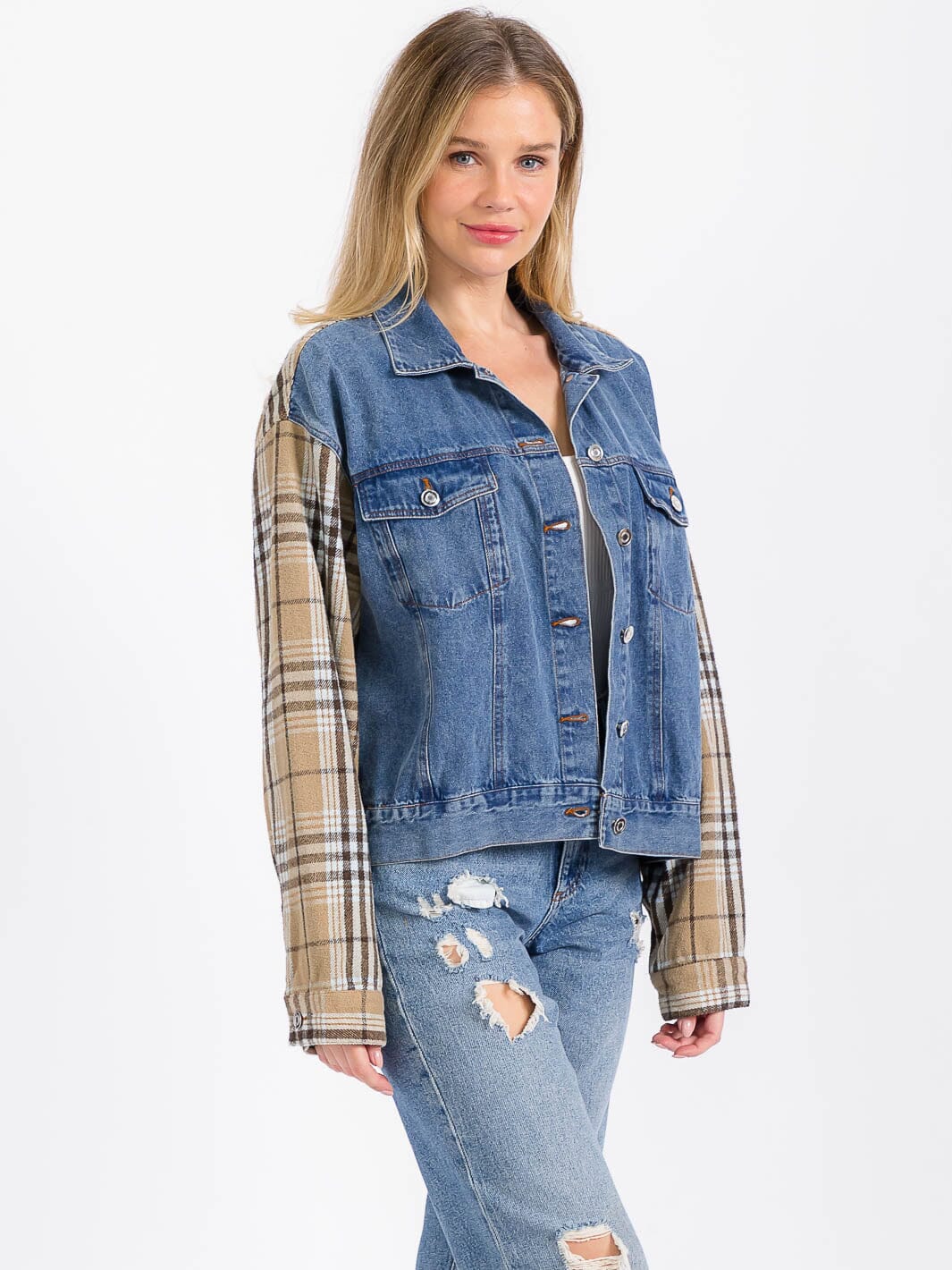 WOMEN'S LONG SLEEVE BUTTON CLOSURE FRONT POCKETS PLAID CONTRAST DENIM JACKET