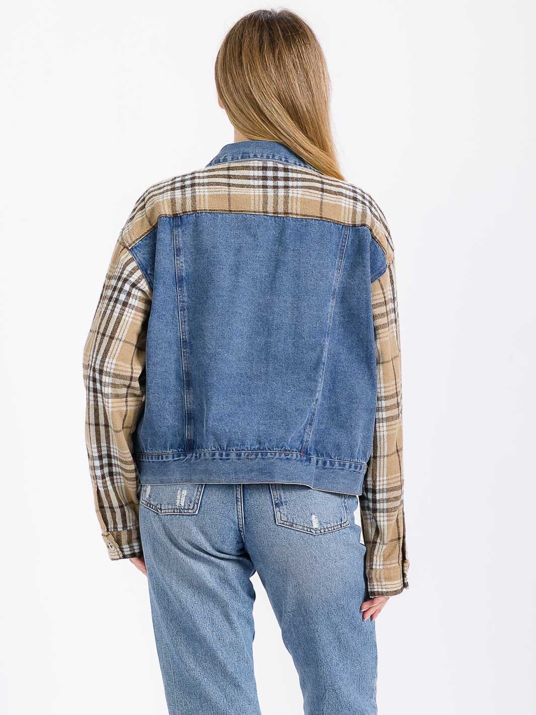 WOMEN'S LONG SLEEVE BUTTON CLOSURE FRONT POCKETS PLAID CONTRAST DENIM JACKET