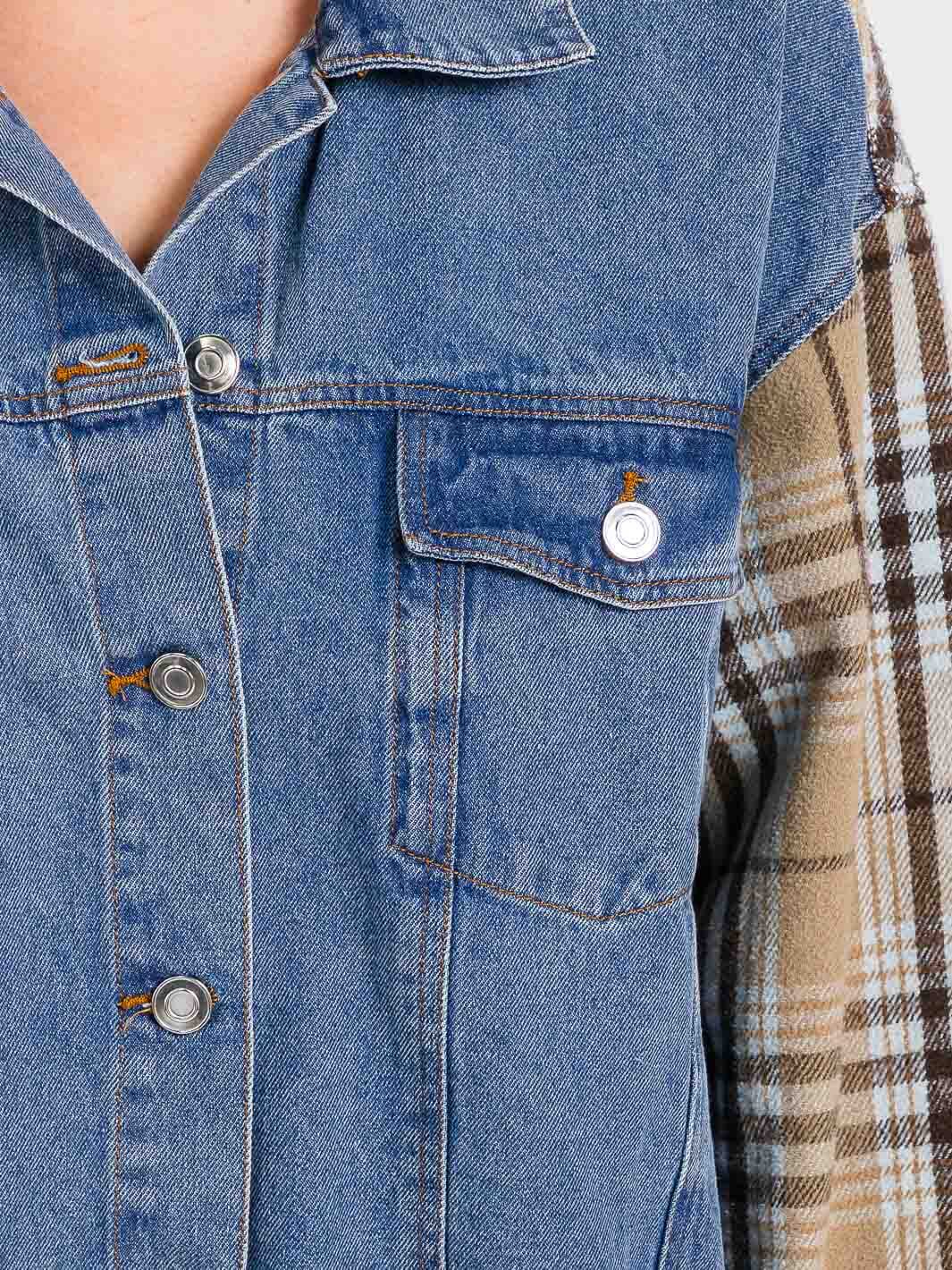 WOMEN'S LONG SLEEVE BUTTON CLOSURE FRONT POCKETS PLAID CONTRAST DENIM JACKET