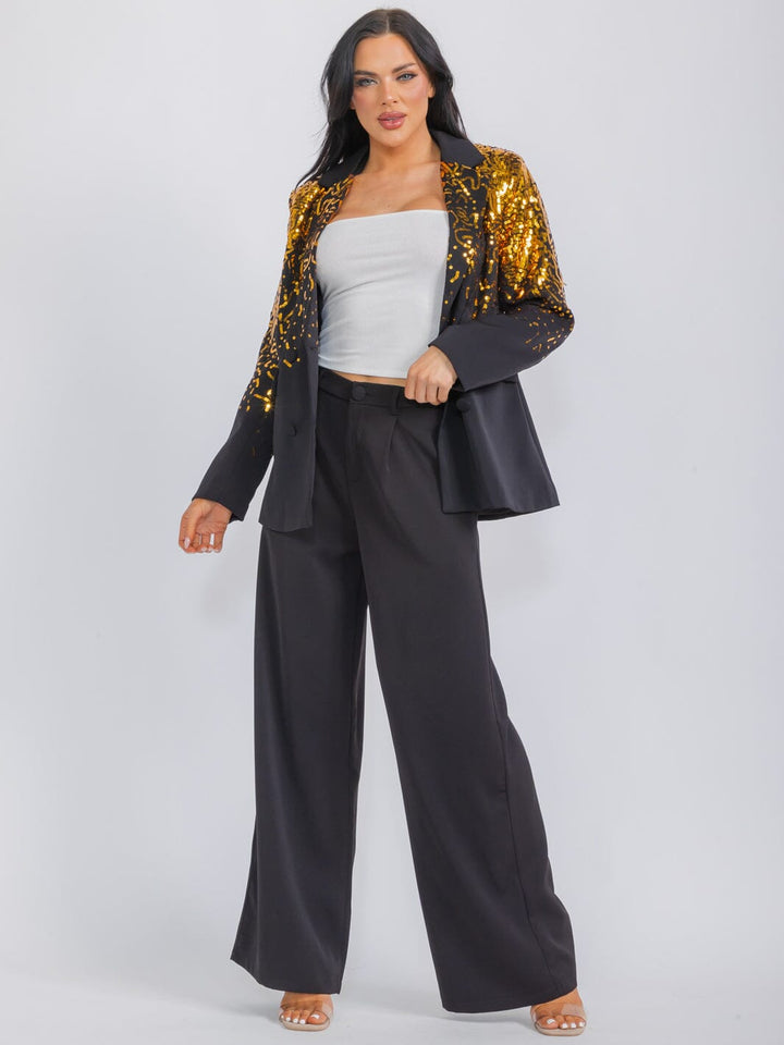 WOMEN'S LONG SLEEVE BLAZER & WIDE LEG PANTS SEQUINS 2PC. SET
