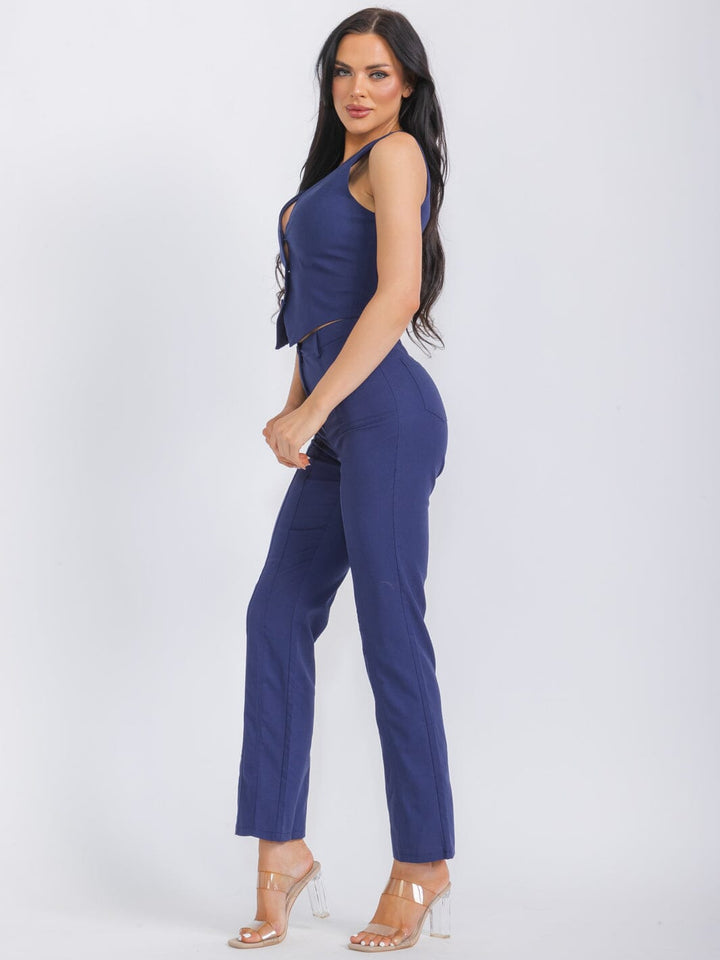 WOMEN'S BUTTON CLOSURE POCKETS WIDE LEG PANTS