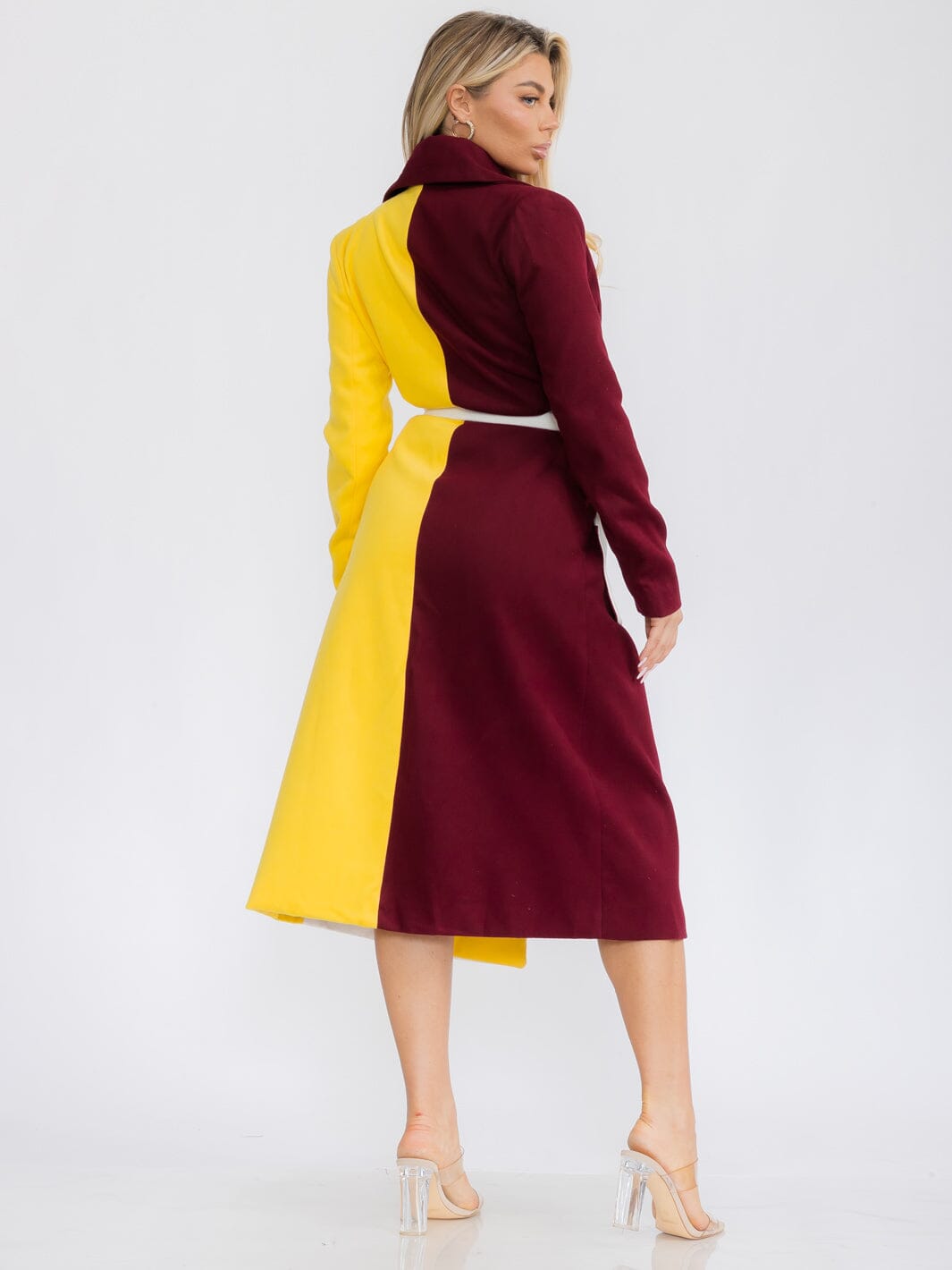WOMEN'S LONG SLEEVE FRON POCKETS SELF TIE WRAP COLORBLOCK MIDI DRESS