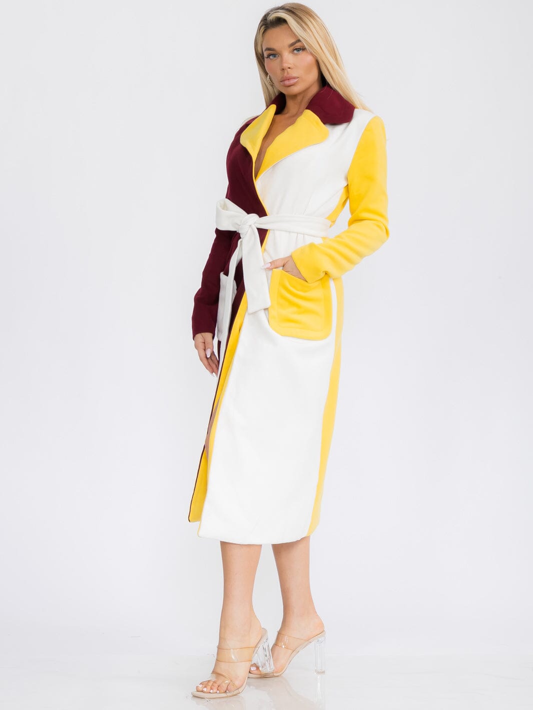 WOMEN'S LONG SLEEVE FRON POCKETS SELF TIE WRAP COLORBLOCK MIDI DRESS