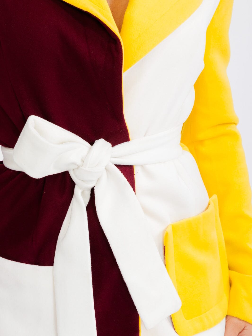 WOMEN'S LONG SLEEVE FRON POCKETS SELF TIE WRAP COLORBLOCK MIDI DRESS