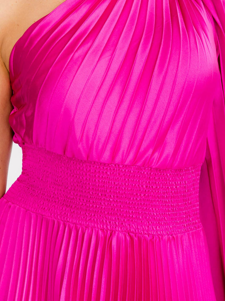 WOMEN'S ONE SHOULDER LONG BELL SLEEVE SMOCK WAIST PLEATED MAXI DRESS