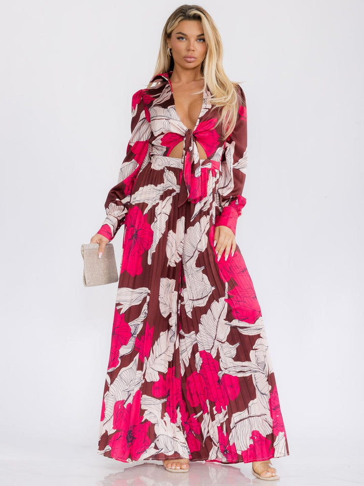 WOMEN'S LONG SLEEVE FRONT CUT OUT LEAF PRINT WIDE LEG JUMPSUIT
