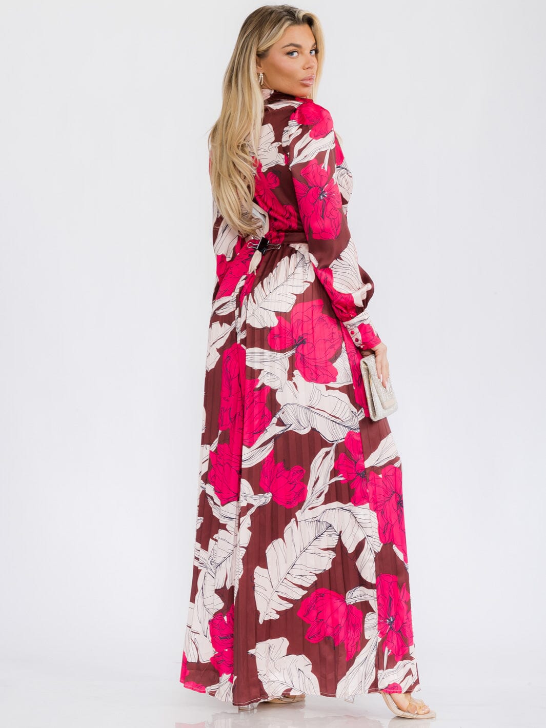 WOMEN'S LONG SLEEVE FRONT CUT OUT LEAF PRINT WIDE LEG JUMPSUIT