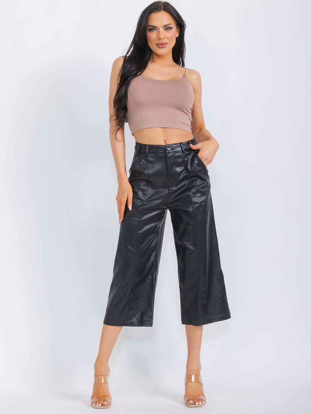 WOMEN'S BUTTON CLOSURE POCKETS PU PLEATHER WIDE LEG CAPRI PANTS