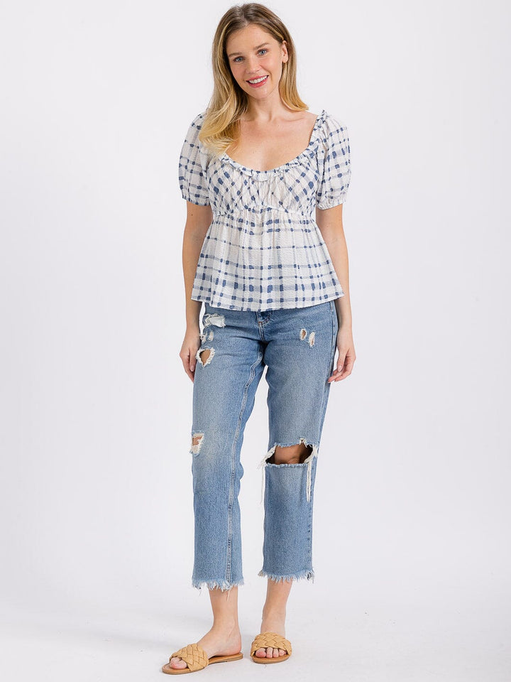 WOMEN'S SHORT PUFF SLEEVE ELASTIC WAIST PLAID PEPLUM TOP