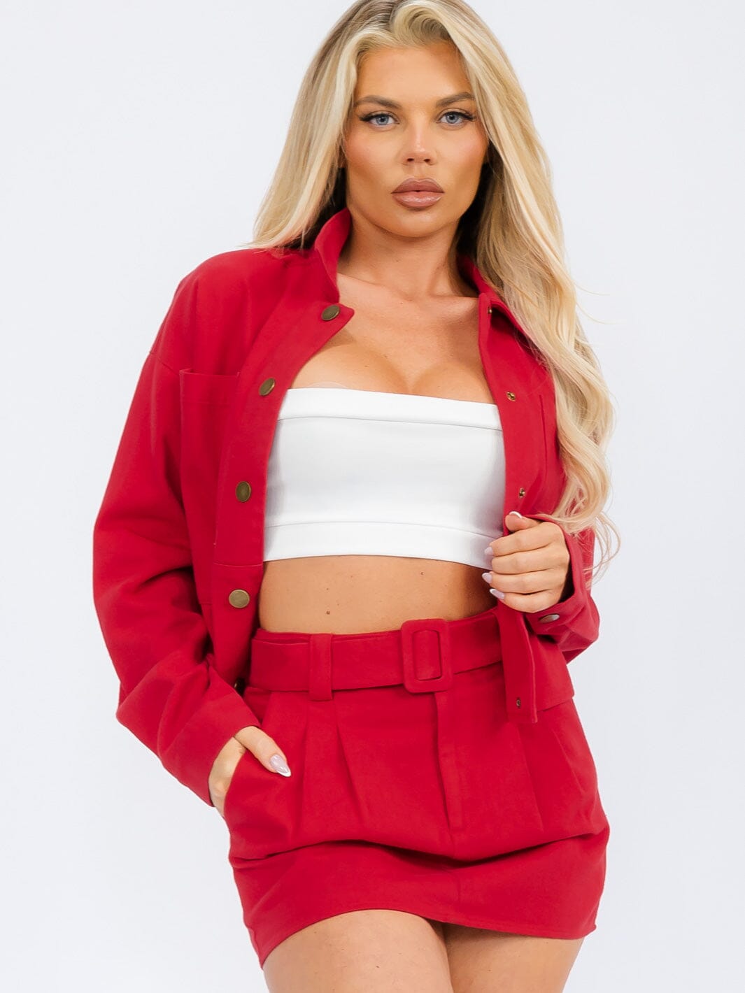 WOMEN'S LONG SLEEVE JACKET & BUTTON CLOSURE MINI SKIRT DENIM 2PC SET