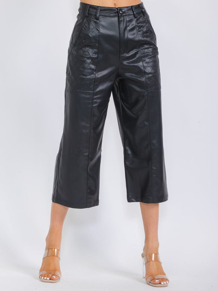 WOMEN'S BUTTON CLOSURE POCKETS PU PLEATHER WIDE LEG CAPRI PANTS