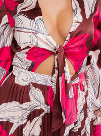 WOMEN'S LONG SLEEVE FRONT CUT OUT LEAF PRINT WIDE LEG JUMPSUIT