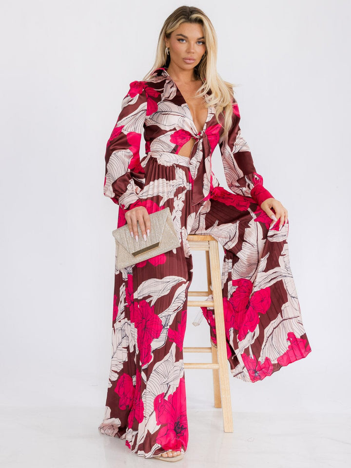 WOMEN'S LONG SLEEVE FRONT CUT OUT LEAF PRINT WIDE LEG JUMPSUIT
