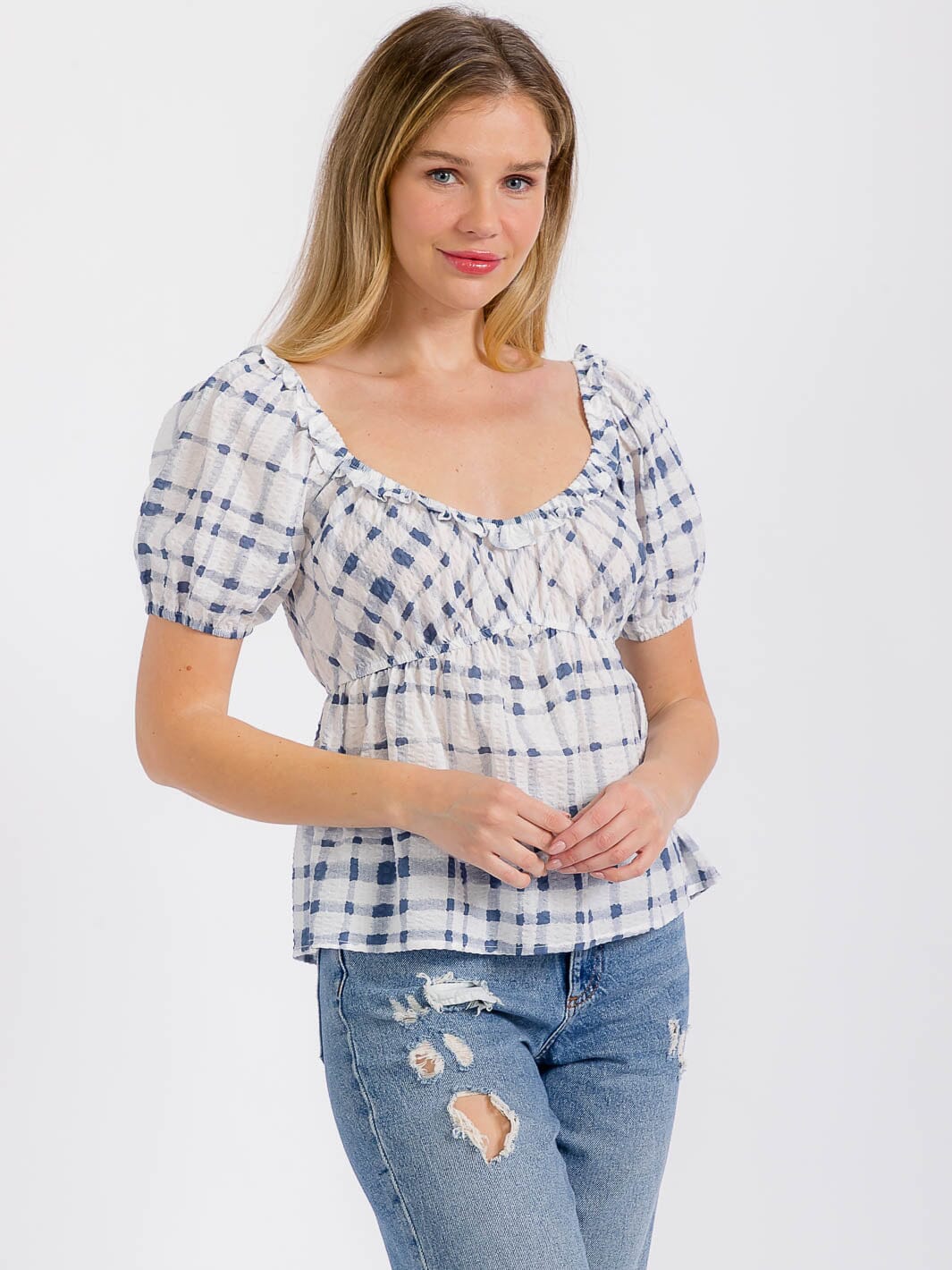 WOMEN'S SHORT PUFF SLEEVE ELASTIC WAIST PLAID PEPLUM TOP