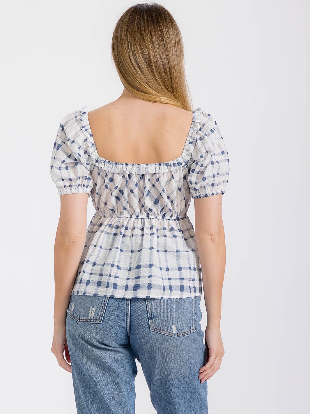 WOMEN'S SHORT PUFF SLEEVE ELASTIC WAIST PLAID PEPLUM TOP