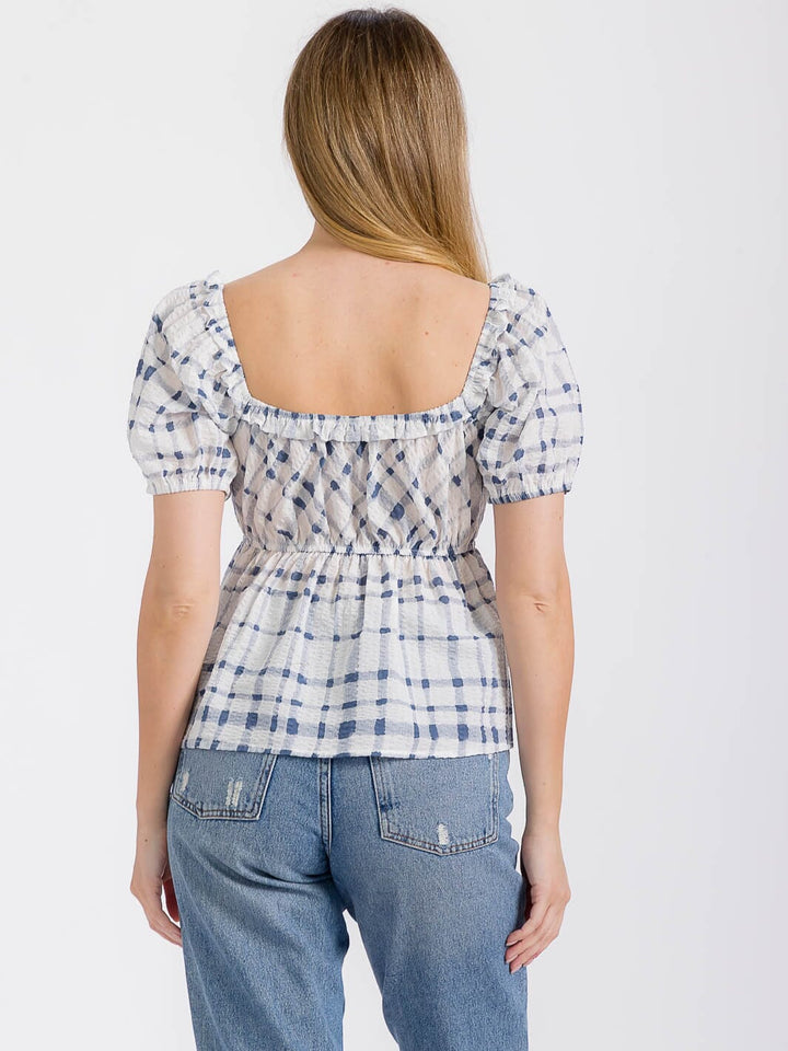 WOMEN'S SHORT PUFF SLEEVE ELASTIC WAIST PLAID PEPLUM TOP