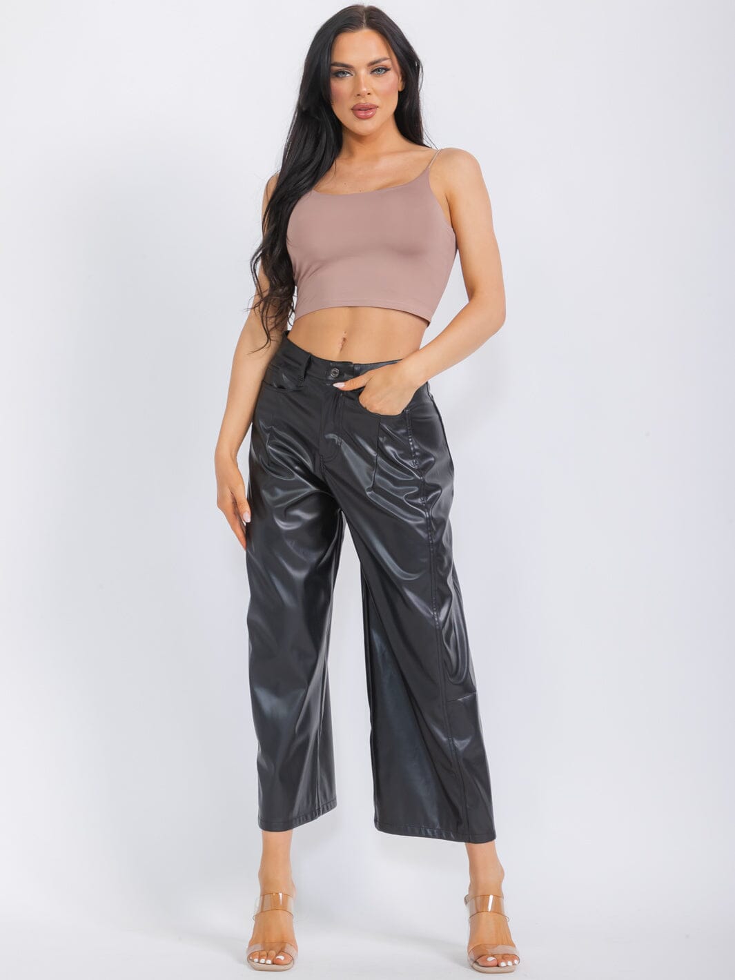 WOMEN'S BUTTON CLOSURE POCKETS PU PLEATHER WIDE LEG PANTS