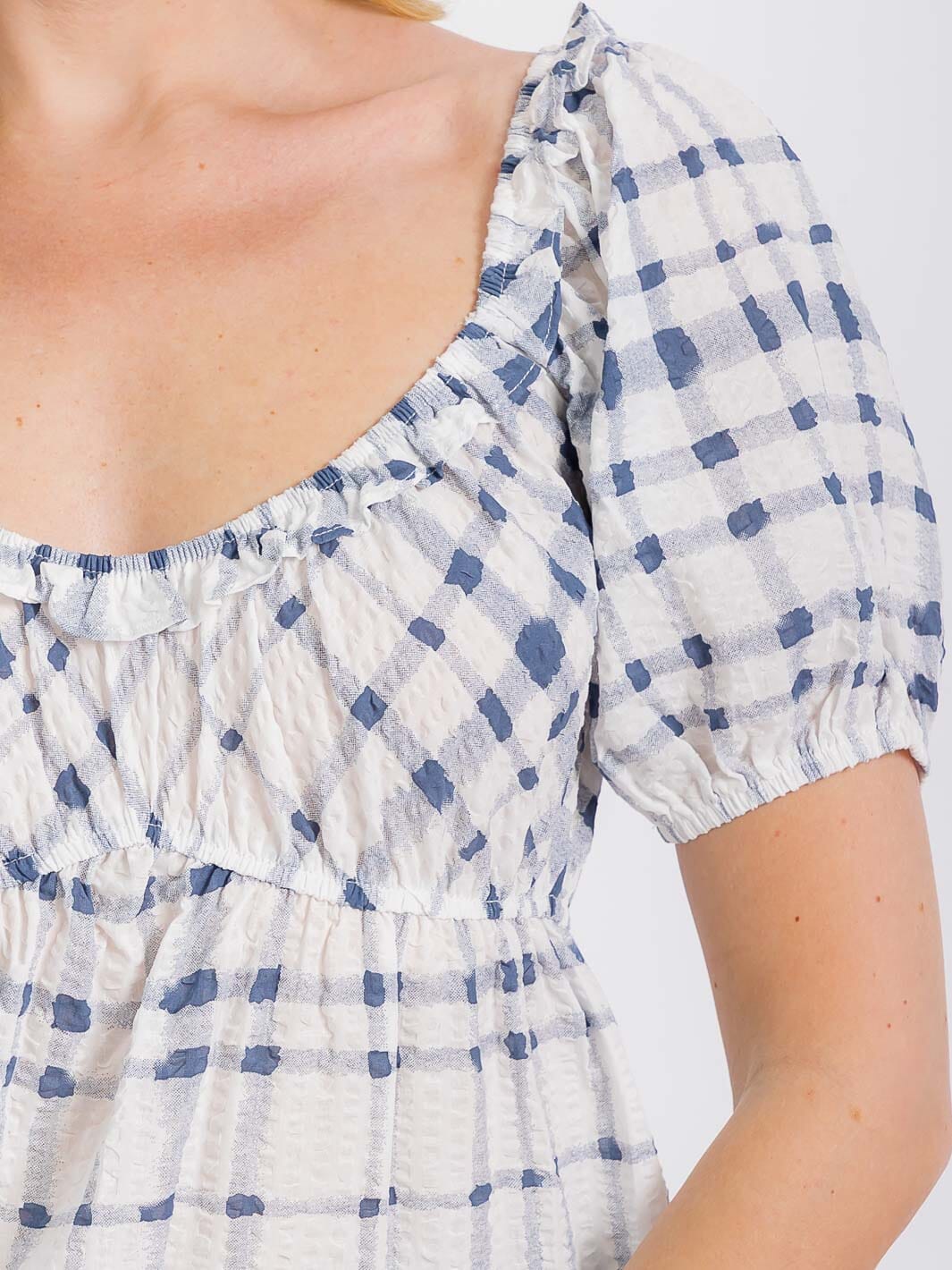 WOMEN'S SHORT PUFF SLEEVE ELASTIC WAIST PLAID PEPLUM TOP