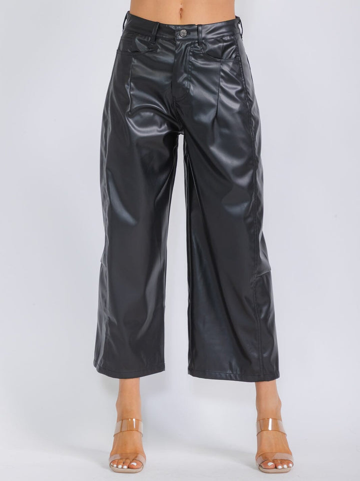 WOMEN'S BUTTON CLOSURE POCKETS PU PLEATHER WIDE LEG PANTS