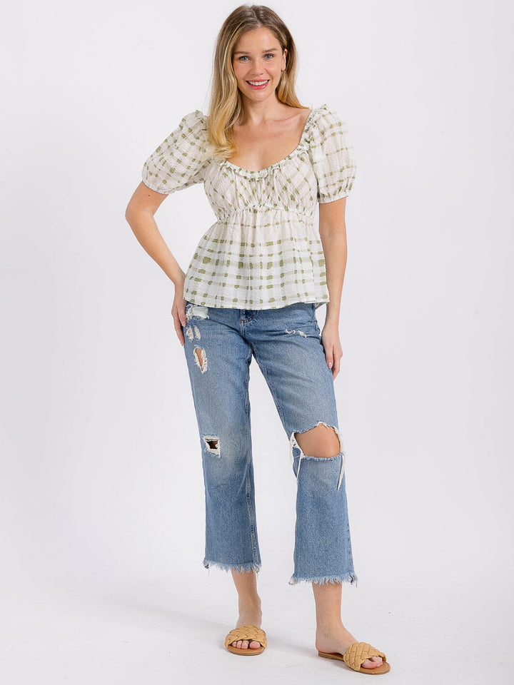 WOMEN'S SHORT PUFF SLEEVE ELASTIC WAIST PLAID PEPLUM TOP