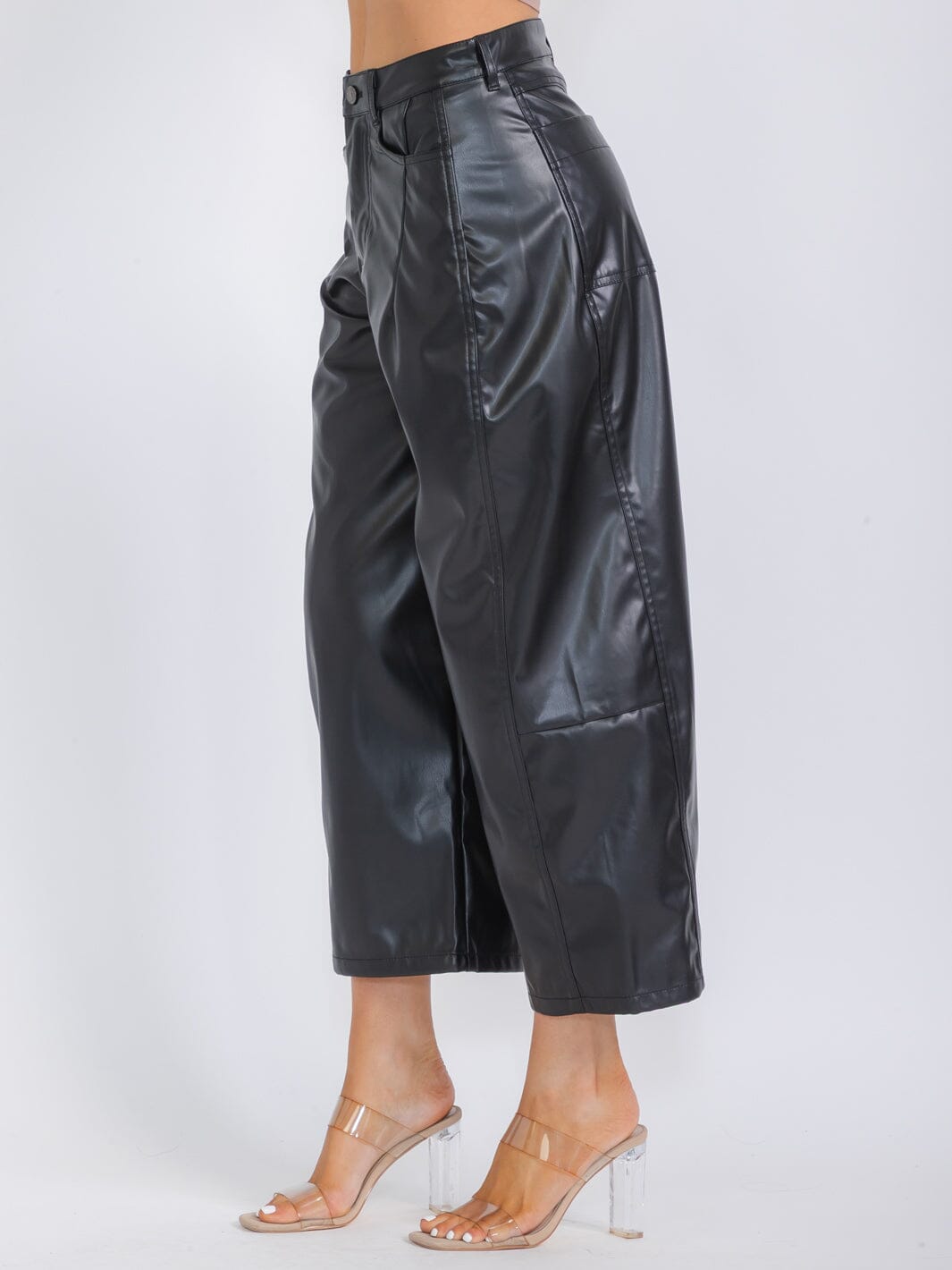 WOMEN'S BUTTON CLOSURE POCKETS PU PLEATHER WIDE LEG PANTS