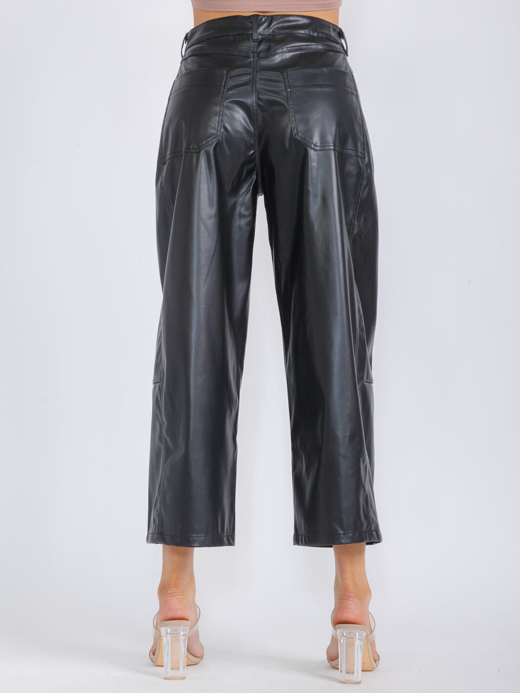 WOMEN'S BUTTON CLOSURE POCKETS PU PLEATHER WIDE LEG PANTS