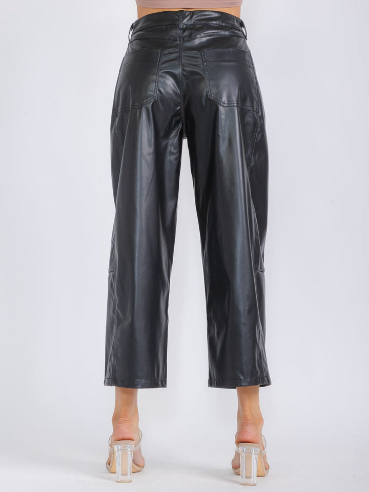 WOMEN'S BUTTON CLOSURE POCKETS PU PLEATHER WIDE LEG PANTS