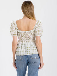 WOMEN'S SHORT PUFF SLEEVE ELASTIC WAIST PLAID PEPLUM TOP