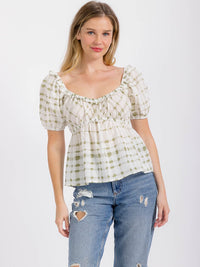 WOMEN'S SHORT PUFF SLEEVE ELASTIC WAIST PLAID PEPLUM TOP