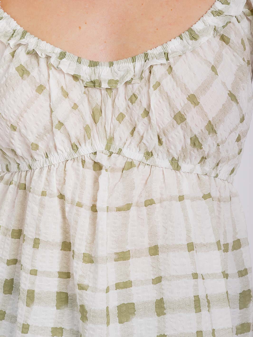 WOMEN'S SHORT PUFF SLEEVE ELASTIC WAIST PLAID PEPLUM TOP