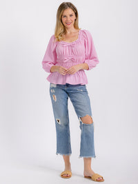 WOMEN'S LONG SLEEVE ELASTIC WAIST PLAID BLOUSE