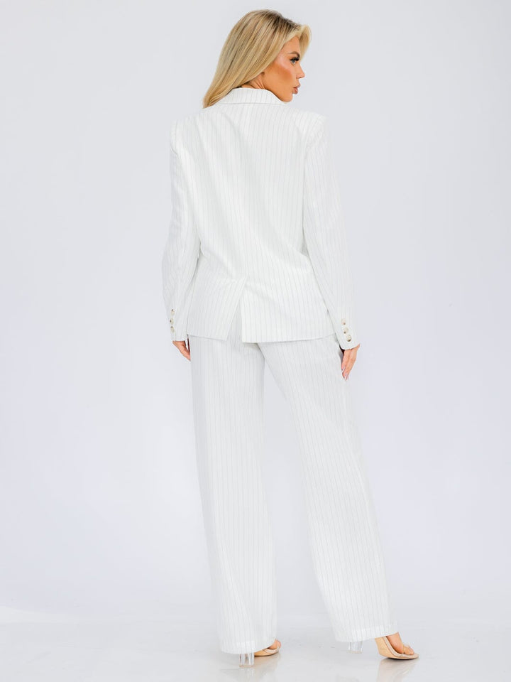 WOMEN'S LONG SLEEVE BLAZER & BUTTON CLOSURE WIDE LEG PANTS STRIPES 2PC SET