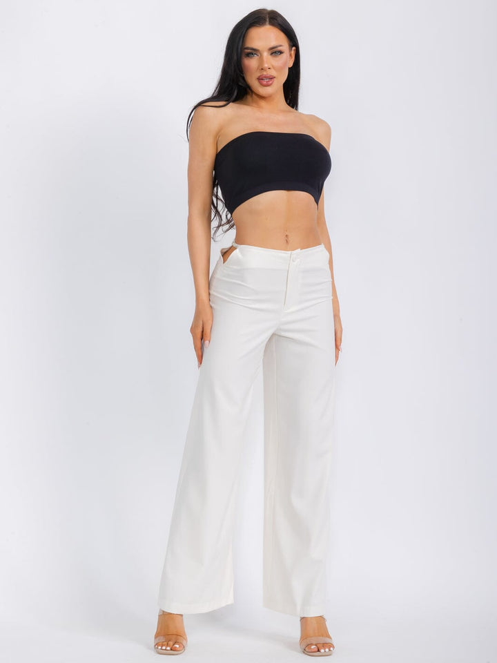 WOMEN'S BUTTON CLOSURE SIDE CUT OUT WIDE LEG PANTS