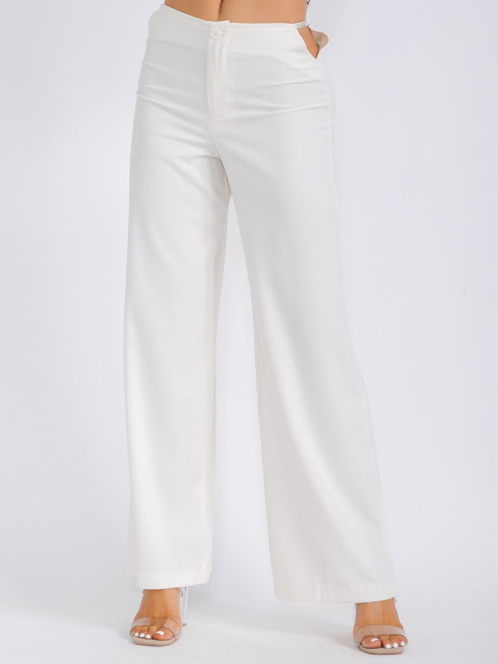 WOMEN'S BUTTON CLOSURE SIDE CUT OUT WIDE LEG PANTS