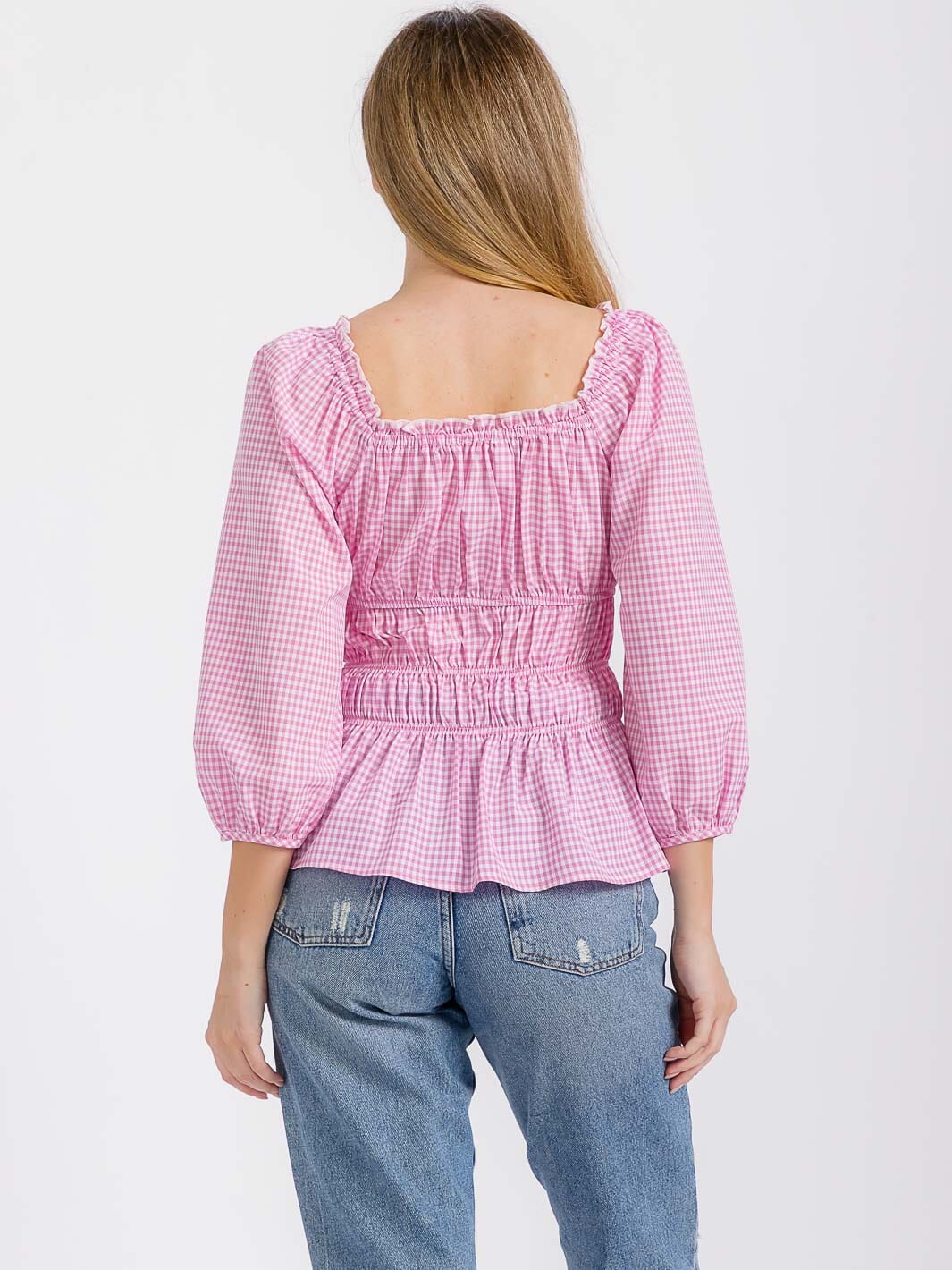 WOMEN'S LONG SLEEVE ELASTIC WAIST PLAID BLOUSE