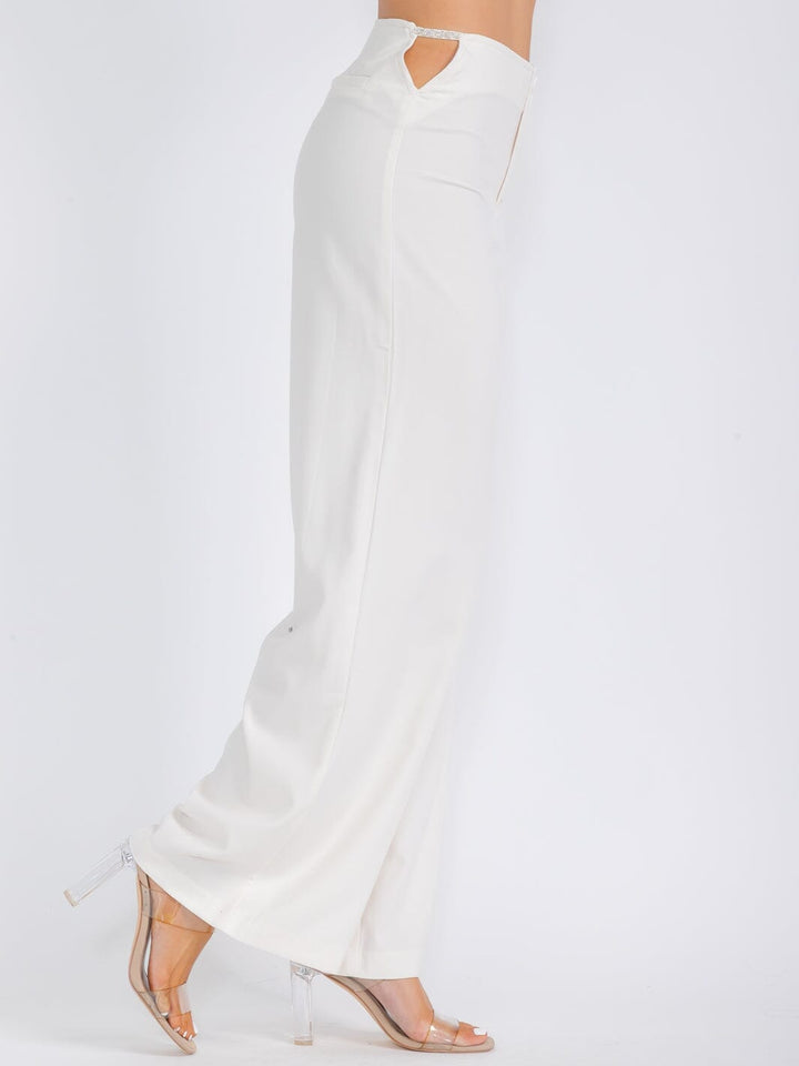 WOMEN'S BUTTON CLOSURE SIDE CUT OUT WIDE LEG PANTS