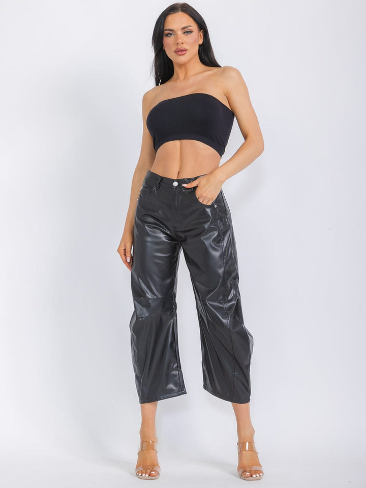 WOMEN'S BUTTON CLOSURE POCKETS PU PLEATHER WIDE LEG PANTS
