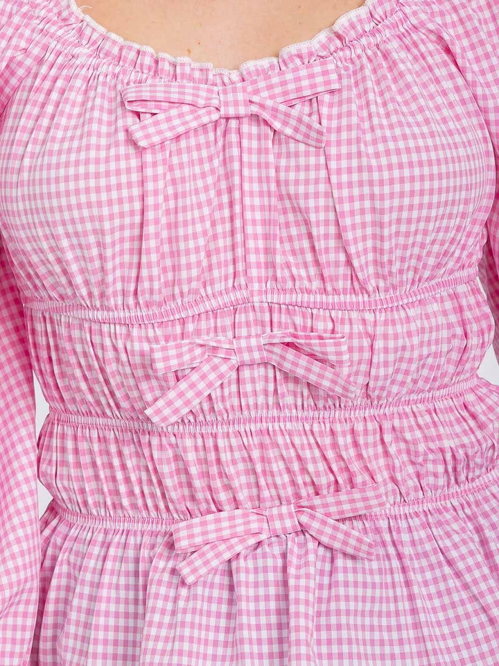 WOMEN'S LONG SLEEVE ELASTIC WAIST PLAID BLOUSE