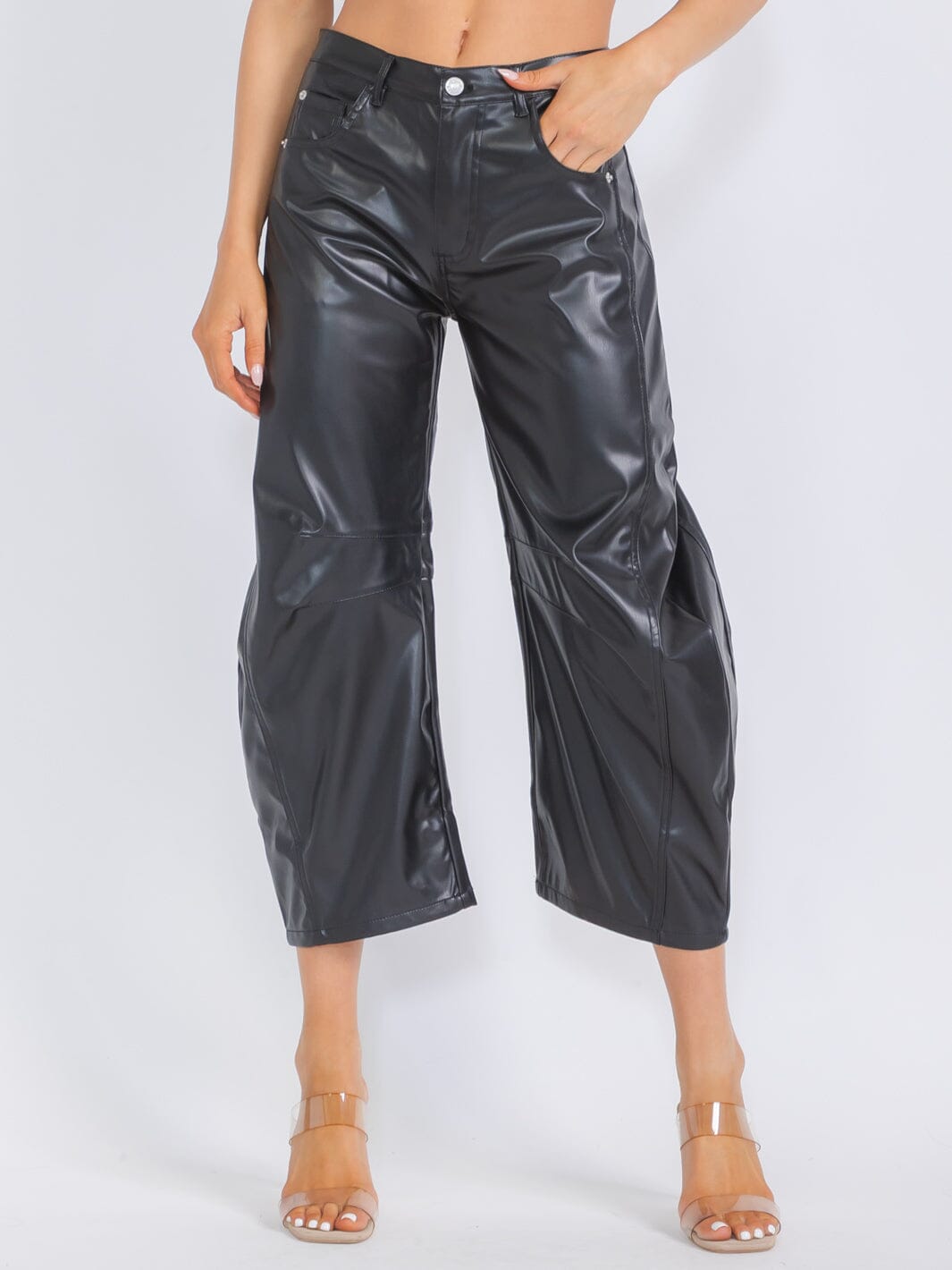 WOMEN'S BUTTON CLOSURE POCKETS PU PLEATHER WIDE LEG PANTS