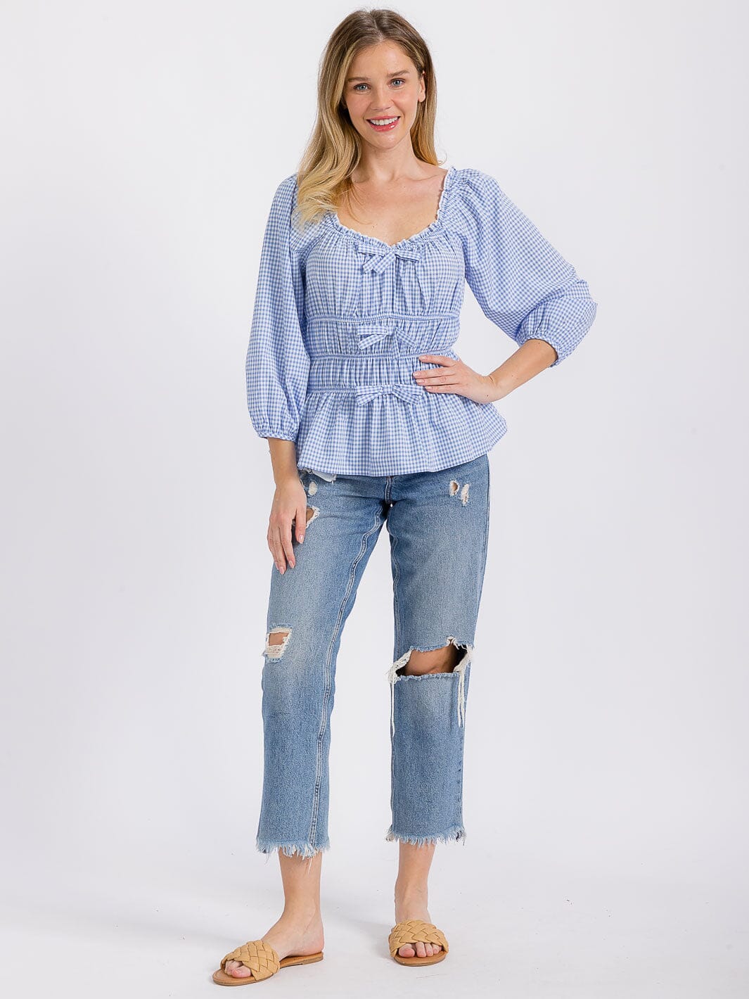 WOMEN'S LONG SLEEVE ELASTIC WAIST PLAID BLOUSE