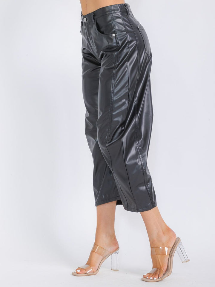 WOMEN'S BUTTON CLOSURE POCKETS PU PLEATHER WIDE LEG PANTS