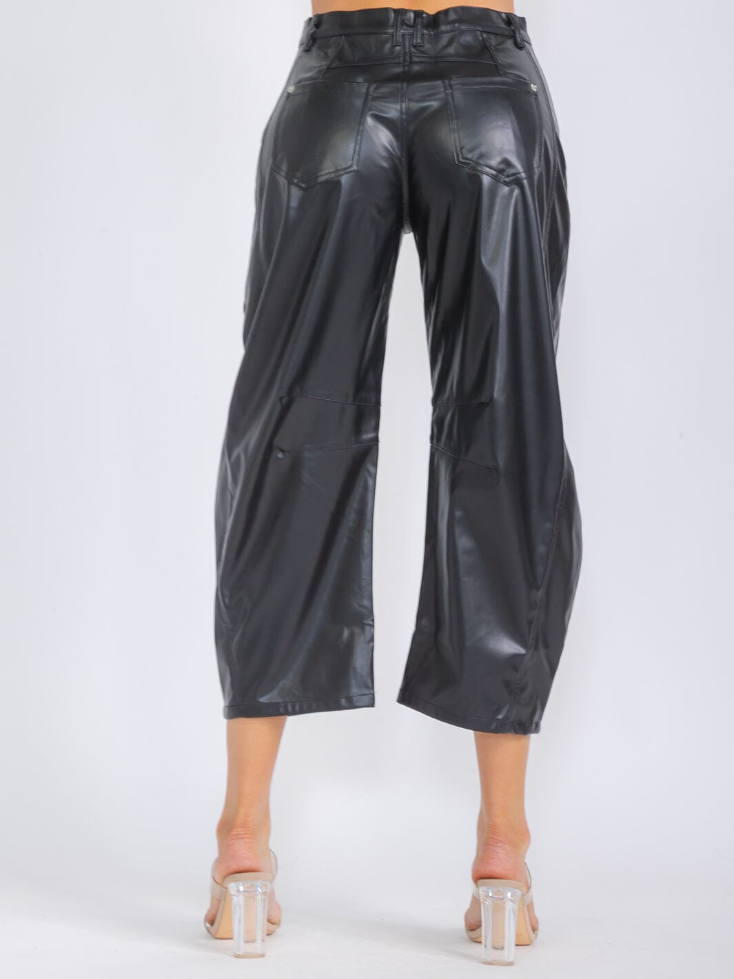 WOMEN'S BUTTON CLOSURE POCKETS PU PLEATHER WIDE LEG PANTS