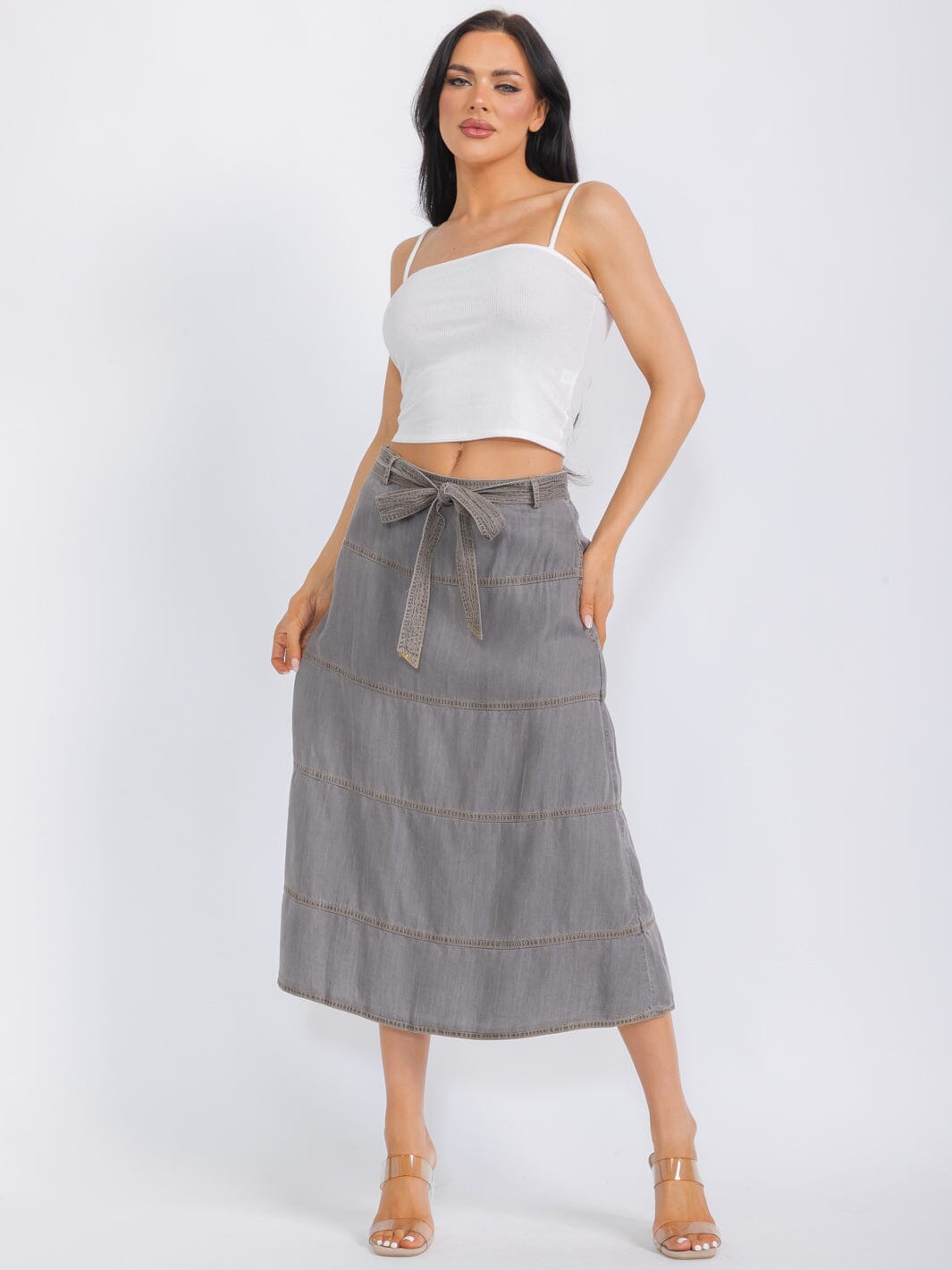 WOMEN'S ELASTIC WAIST TIERED SELF TIE MIDI SKIRT