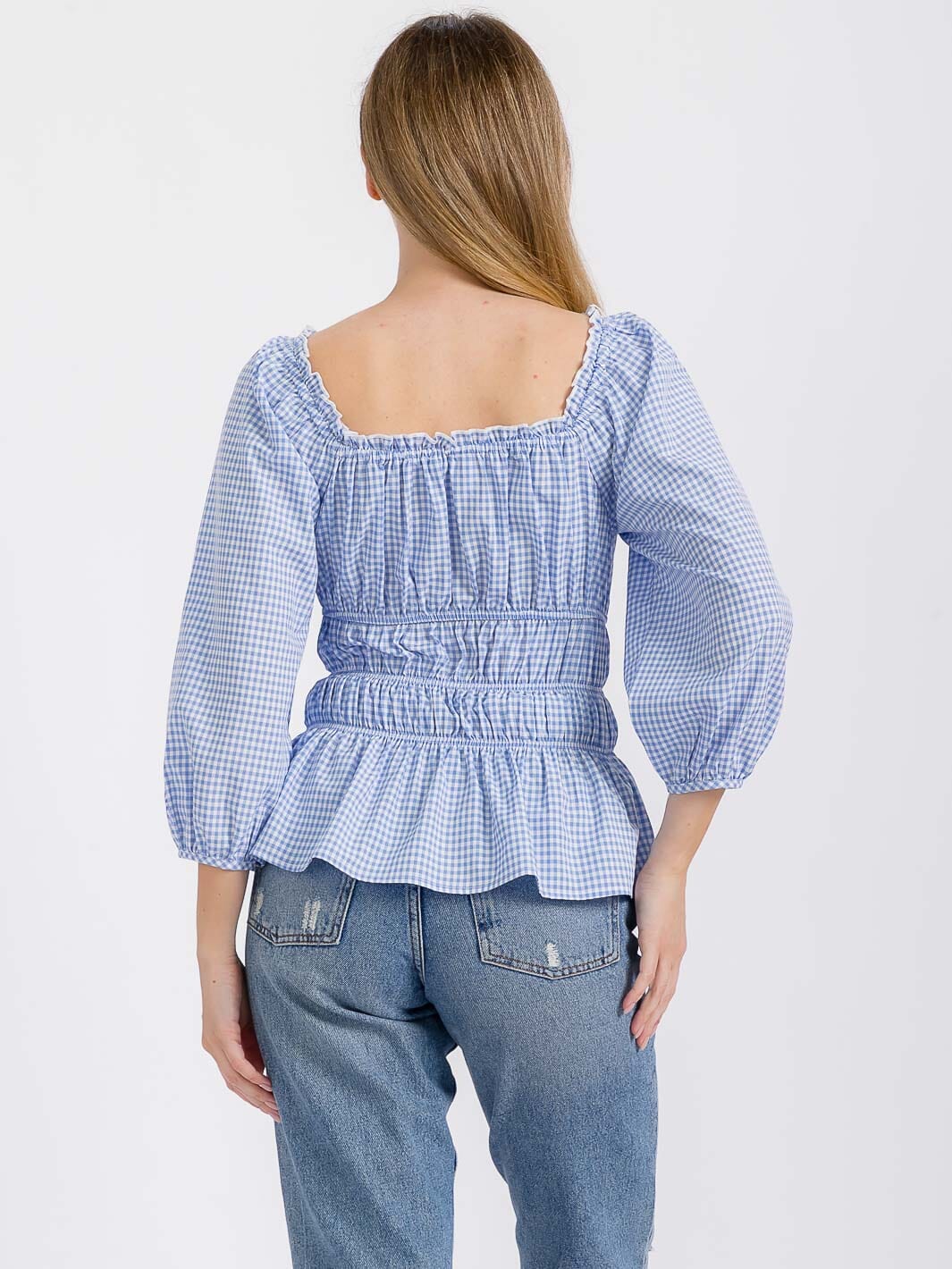 WOMEN'S LONG SLEEVE ELASTIC WAIST PLAID BLOUSE